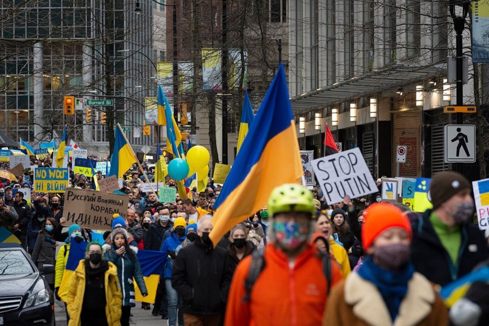 Thousands of supporters marched to Jack Poole plaza, following a rally outside of the Vancouver Art Gallery, to show solidarity with Ukraine.