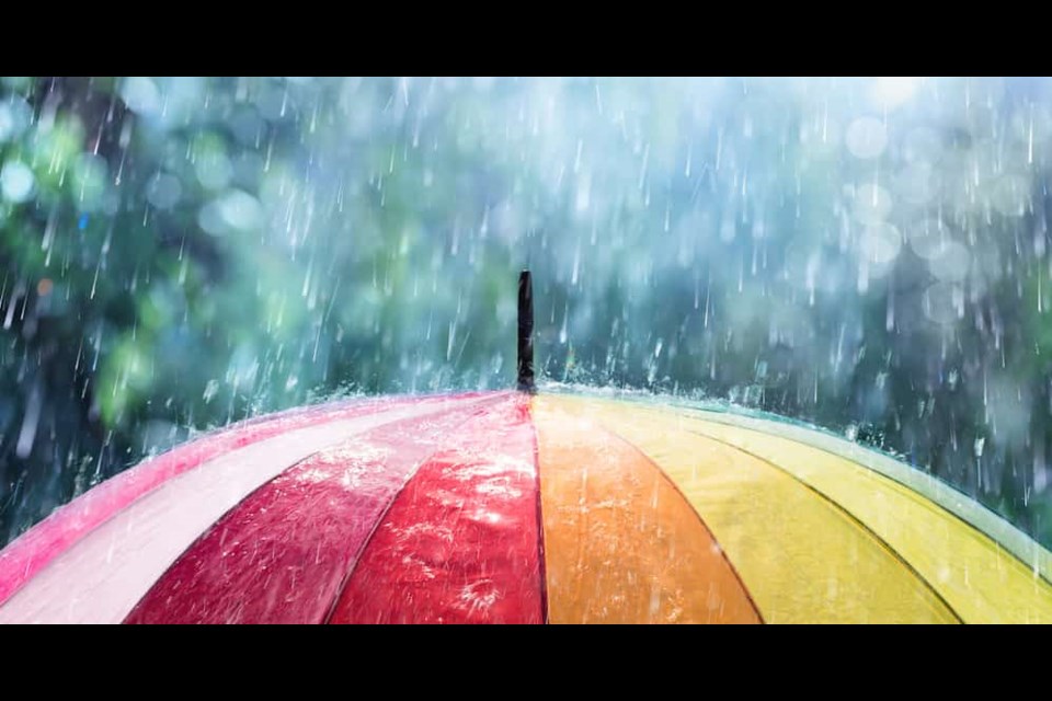 Photo: rain on a rainbow umbrella / Getty Images