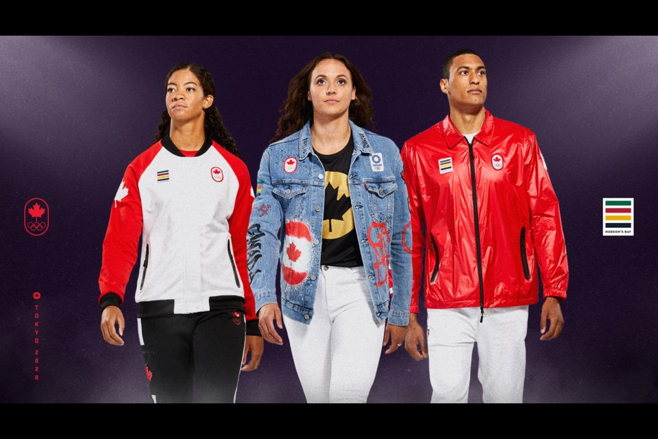 From left to right: Sarah Douglas (Sailing) wearing Podium outfit, Kylie Masse (Swimming) wearing Closing Ceremony outfit and Pierce Lepage (Athletics) wearing Opening Ceremony outfit. Photo: Team Canada