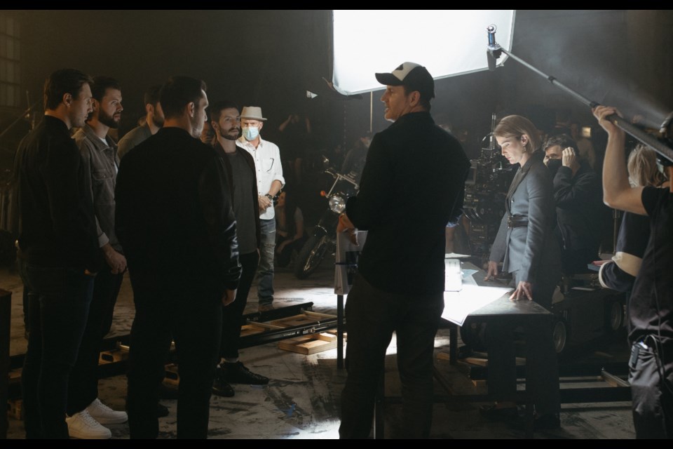 Cobie Smulders shooting the 鶹ýӳCanucks 2022-23 pre-game video with the players, directed by Michael Pohorly.