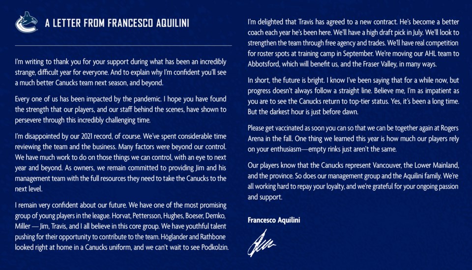 Aquilini letter to Canucks season ticket holders