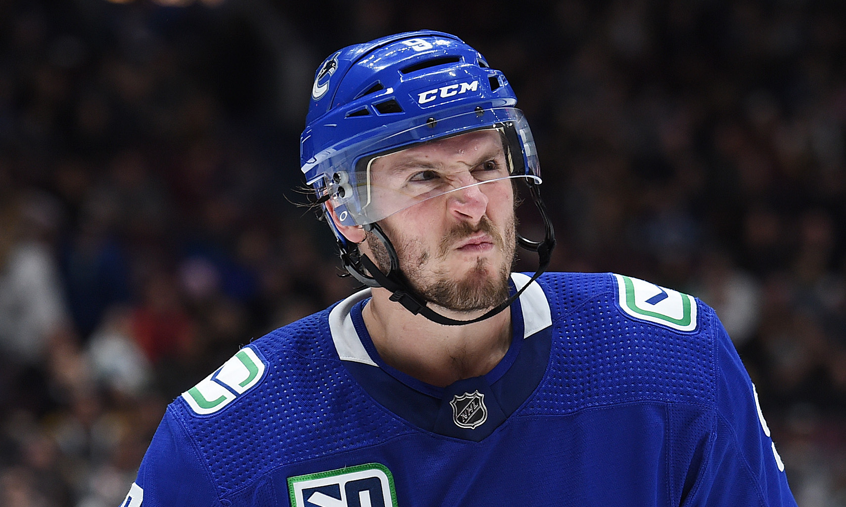 March 30, 2022, Vancouver, BC, CANADA: Vancouver Canucks' Elias Pettersson  (40) celebrates with teammate Quinn Hughes (43) after scoring a goal  against the St. Louis Blues during second period NHL hockey action