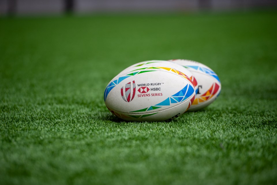 A rugby ball lies in the middle of the pitch at BC Place for the Canada Sevens in Vancouver, B.C., on April 17, 2022