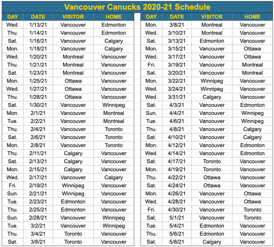 Canucks 2020-21 schedule