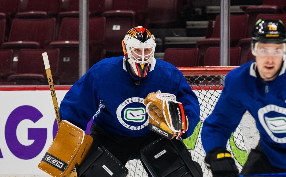 Thatcher Demko of the Vancouver Canucks sports a retro Canucks jersey  News Photo - Getty Images