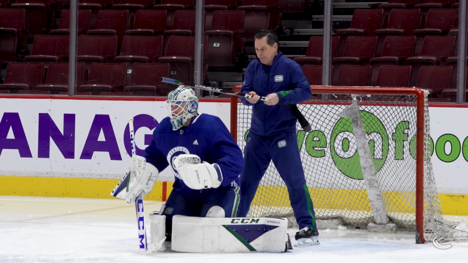 Goaltending Coach Ian Clark Mic'd Up With Thatcher Demko at Practice 3-29 screenshot