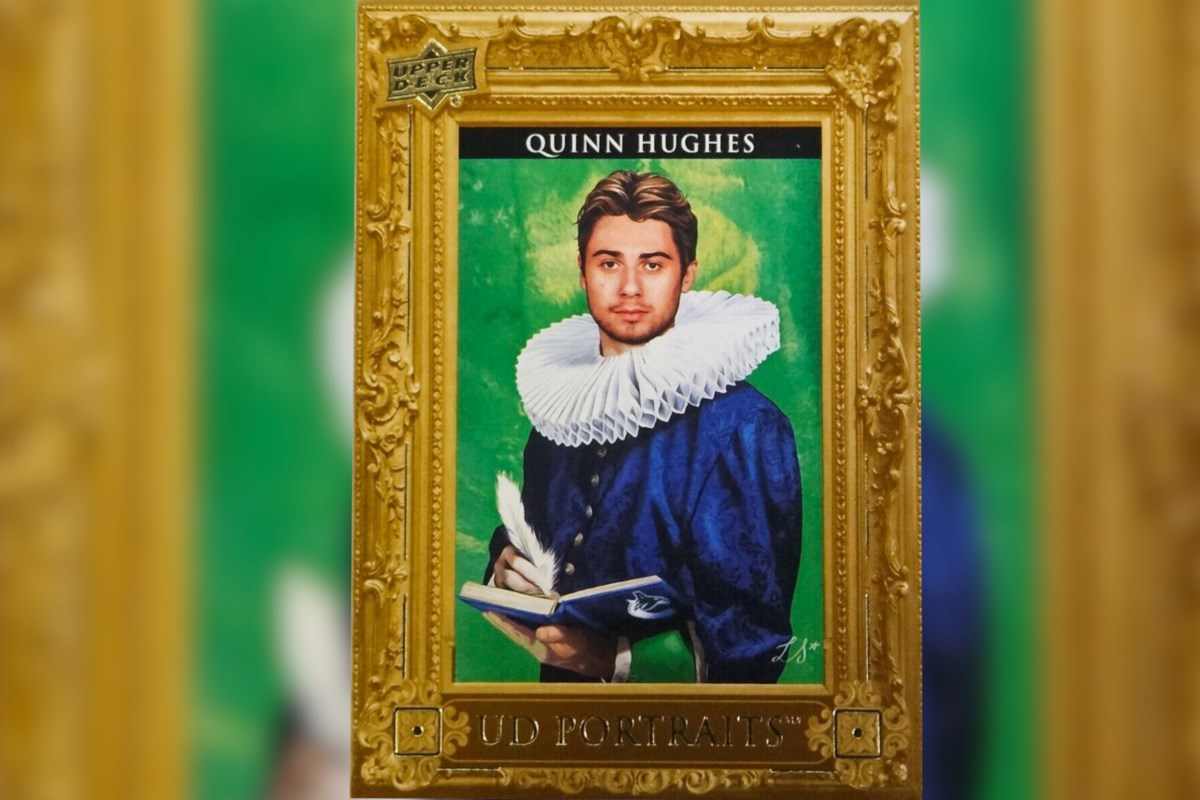 La loca tarjeta Upper Deck Portraits de Quinn Hughes de los Canucks es completamente shakesperiana