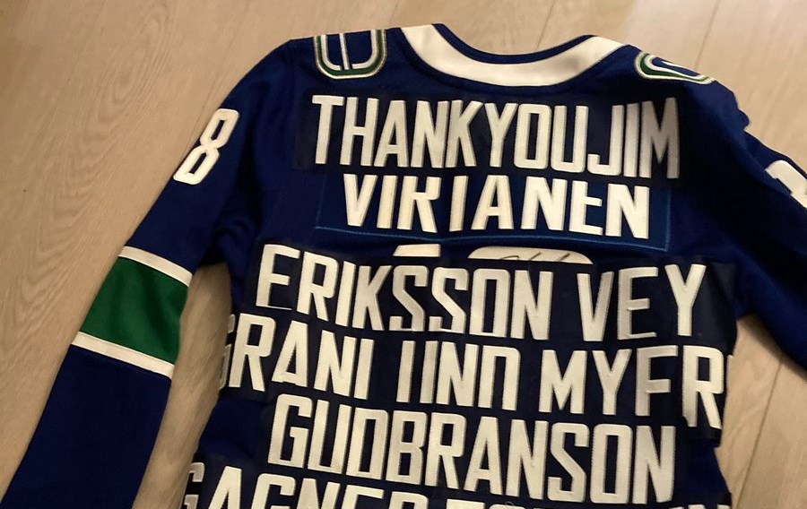 A custom "Thank You Jim" jersey made waves at the Vancouver Canucks' game against the Colorado Avalanche on Wednesday night. 