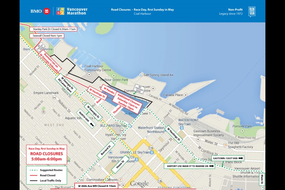 Road closures during the Vancouver Marathon (along with the half marathon and 8 km race) on Sunday, May 4, 2025, in downtown Vancouver and Coal Harbour.