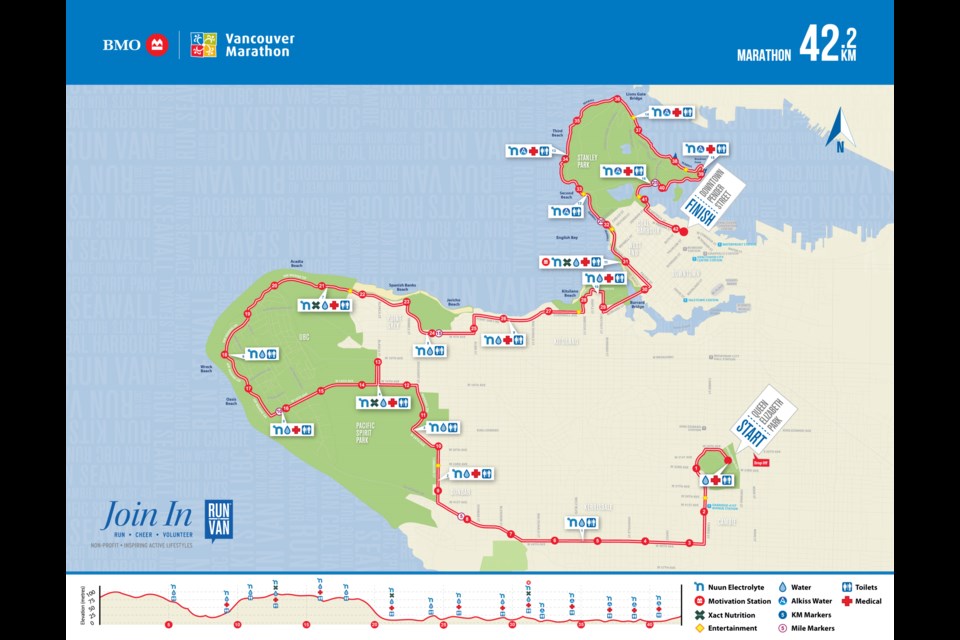A map of the Vancouver Marathon route on Sunday, May 4, 2025