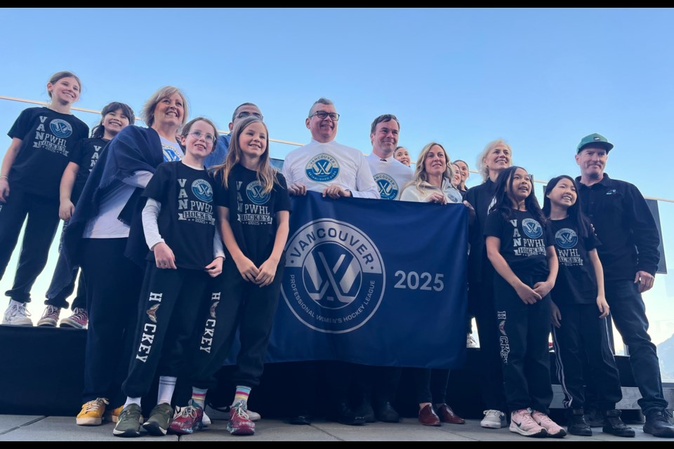 A local girl's hockey team joined PWHL executives and local dignataries to help launch the Vancouver PWHL team.