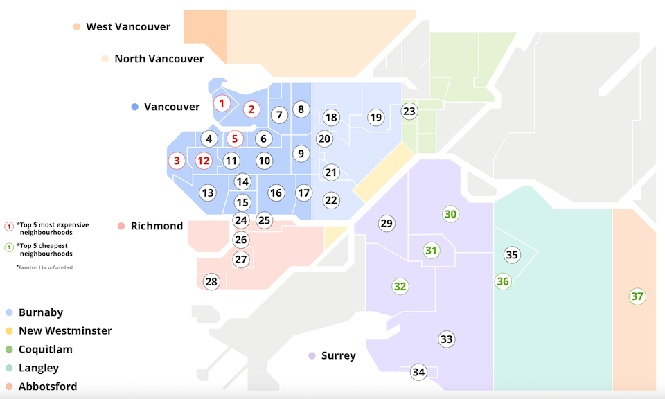 Liv.rent's map has the cheapest housing units for rent in the Lower Mainland, including in Abbotsford, Surrey, Richmond, Burnaby, and Vancouver, B.C. in May 2025.