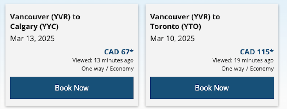 Some low-cost, one-way domestic flights from YVR include Calgary for $67 and Toronto for $115, while a cheap, U.S. option for Vancouver travellers is Palm Springs for $156.