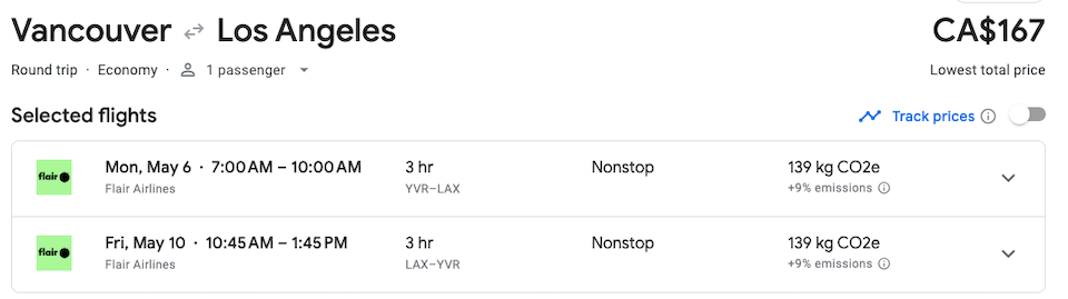 The total cost for the non-stop option with Flair is $167 if the tickets are booked separately. 