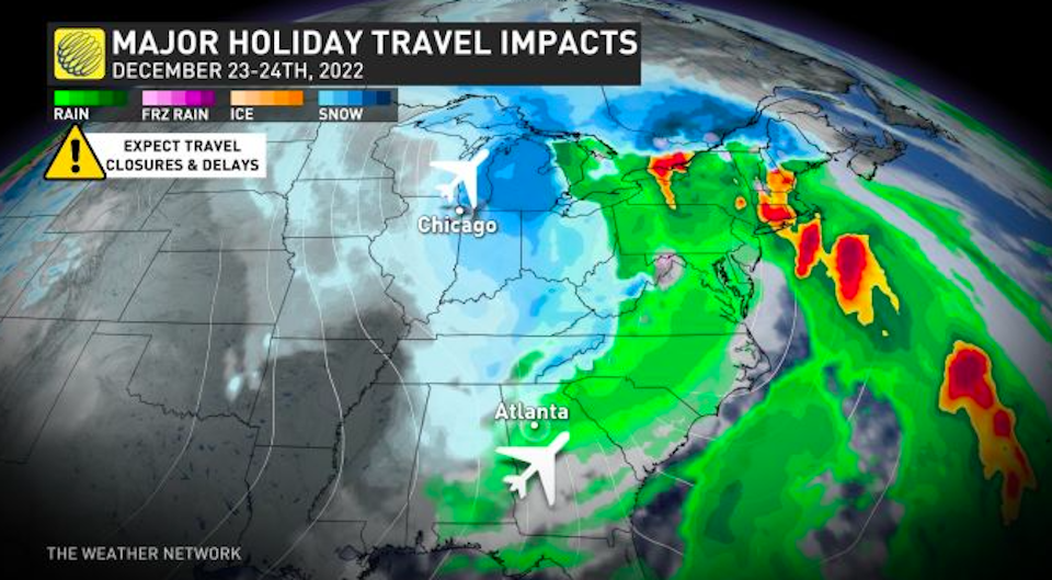 A 3,000-km-sized storm is making its way across North America, bringing the potential for chaos across the global flight network.
