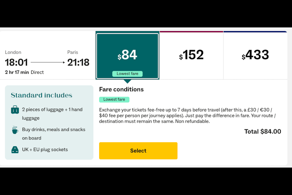 There are a few different options to get from London to Paris but a convenient one is the Eurostar train. It offers a direct option that only takes 2.19 hours and costs $84 in the evening.