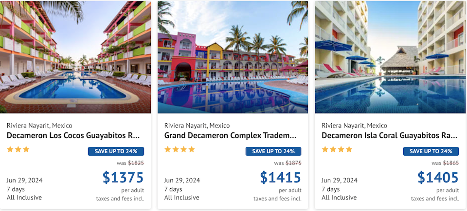 A seven-day package to a three-star hotel for two people departing on June 29 to the Riviera Nayarit starts at $1,375 for two people (previously $1,825). Packages departing on the same day including four-star accommodations cost only slightly more at $1,405.