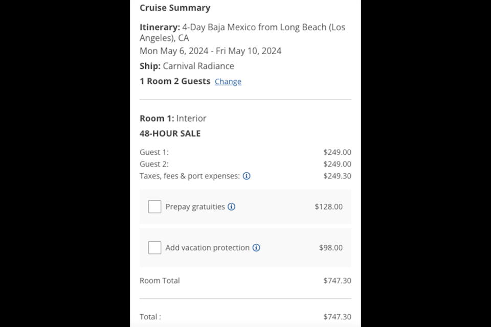 An interior stateroom for two people costs US$747.30, which converts to roughly C$1,029.11 or C$514.56 per person. The per-diem, per-person cost is about C$128.64