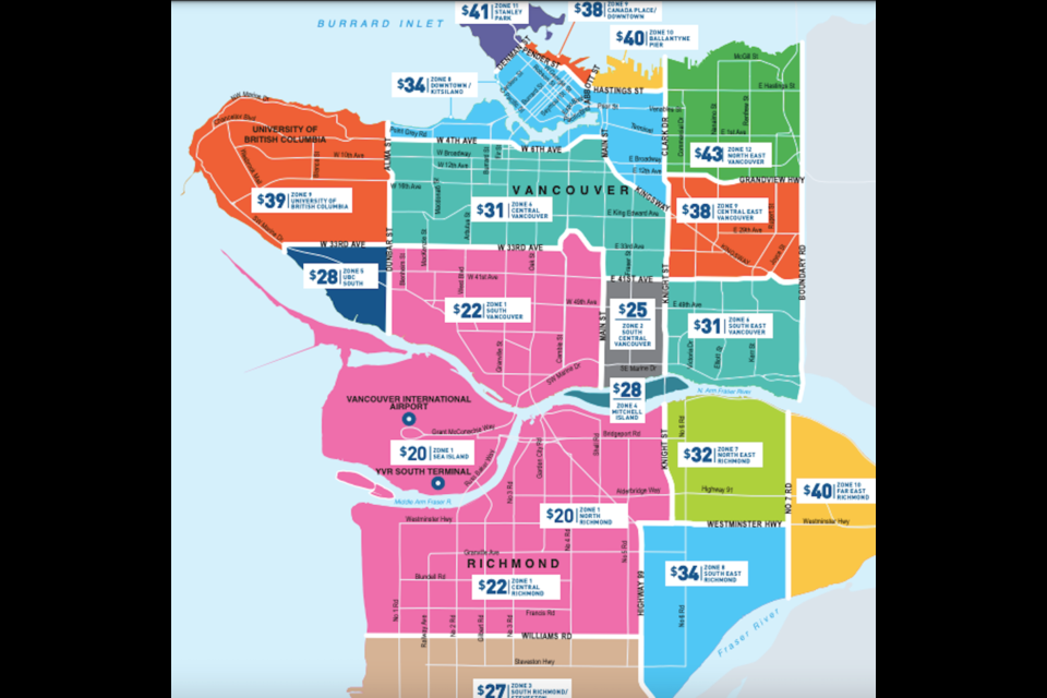 October 2023 taxi prices from Vancouver International Airport (YVR) using Flat Fare Zone Rates.