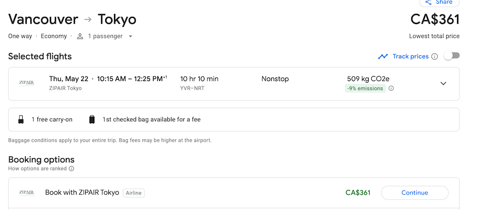 A direct flight from YVR to NRT on Thursday, May 22, costs $361, including all taxes and fees.
