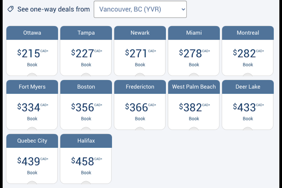 Porter displays several discounted routes from Vancouver, including direct options and ones including a stopover such as Tampa, Ottawa, Miami, Montreal, Boston, Halifax, and Quebec City.