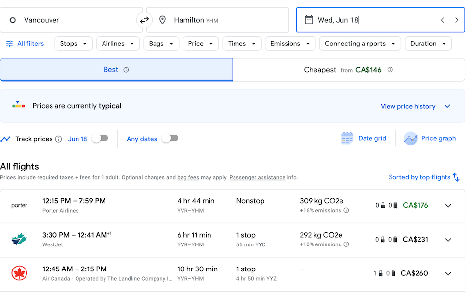 The prices for one-way tickets on the route are currently lower with Porter than with any other airline.