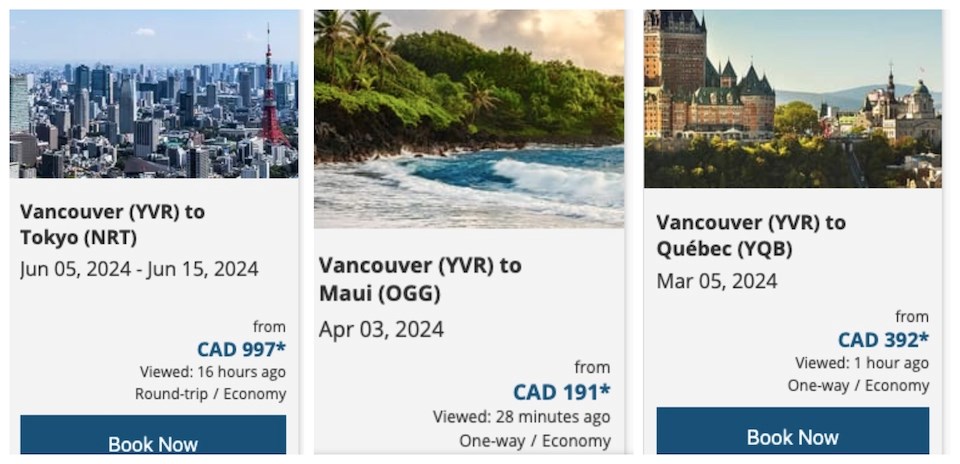 Air Canada has hot ticket offers out of Vancouver including Tokyo in Japan, Montreal, and Maui in Hawaii. 