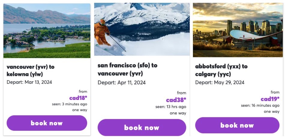 Flair's YVR flights start for as little as $18 (headed to Kelowna), making the ultra-low-cost carrier's offers the best (in terms of pricing) for lovebirds looking to take flight. 