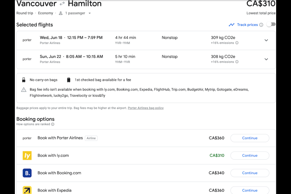 A flight departing from Vancouver on June 18 and returning from Hamilton on June 22 costs $310 with Porter.