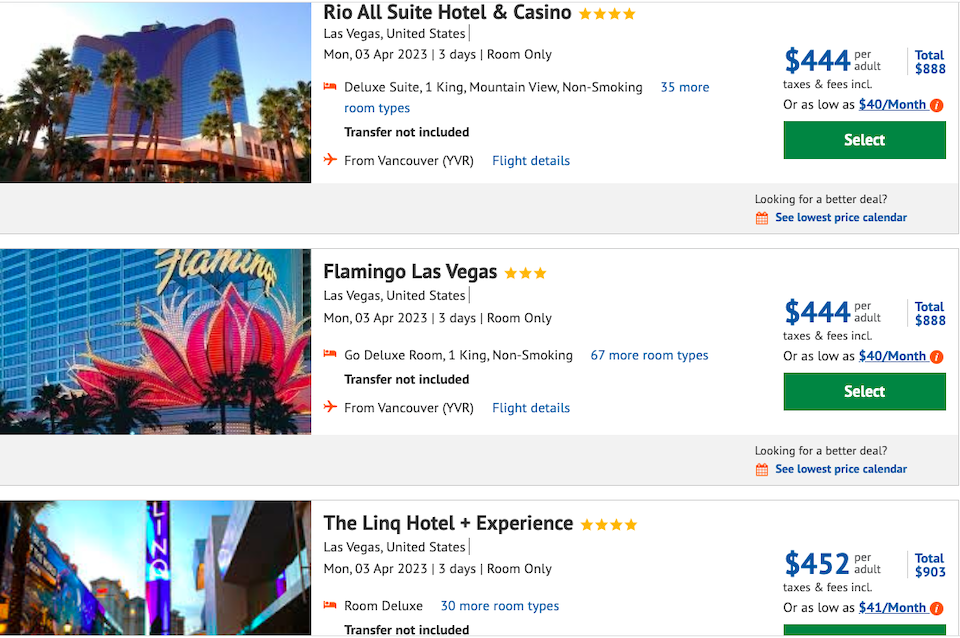 Vancouver flights: 3 night time YVR package deal to Las Vegas for 4
