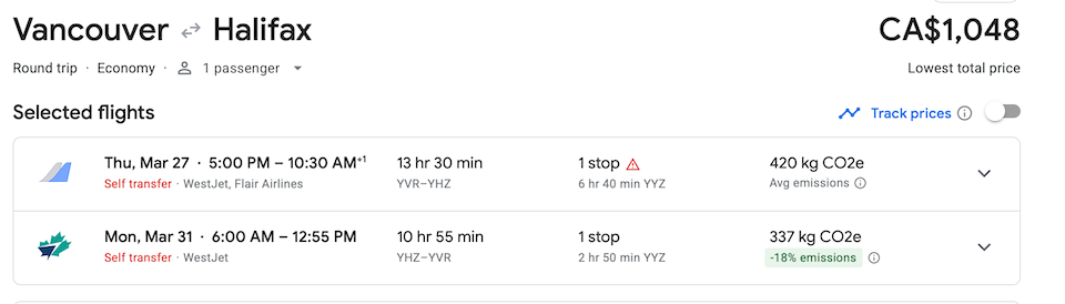 A flight departing Vancouver on Thursday, March 27 and returning from Halifax on Monday, March 27 costs $1,048.