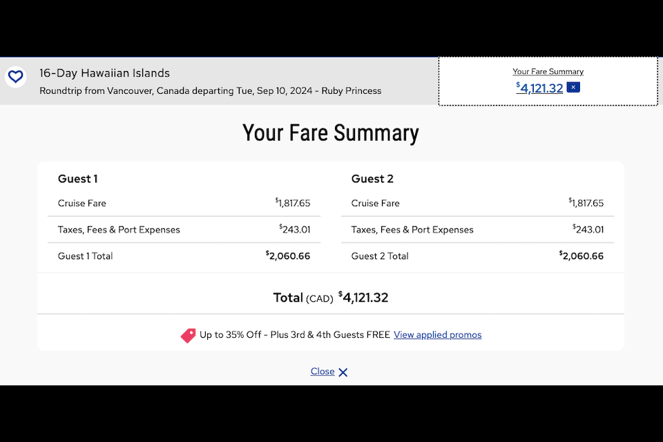 An interior stateroom for two people costs $4,121.23, which breaks down to $2,060.66 per person including all taxes and fees. 