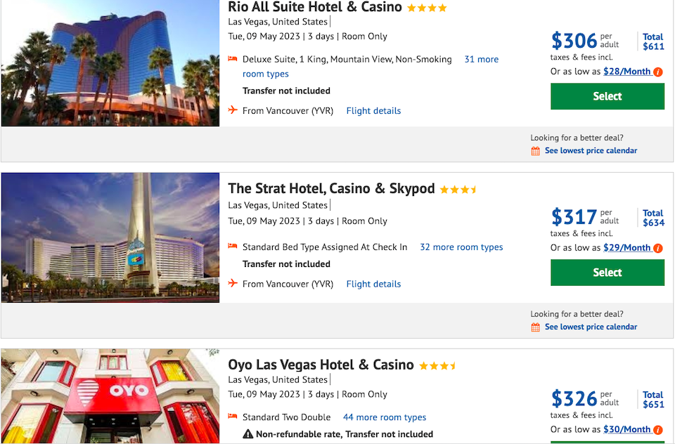Vancouver flights: 3 night YVR package to Las Vegas for $306