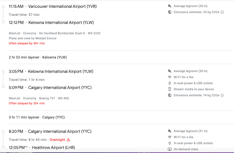 The first leg of the trip is a one-way from YVR to LHR that departs on Monday, April 22 at 11:15 a.m. It makes two stops en route to France in Kelowna and Calgary and each of them is around three hours