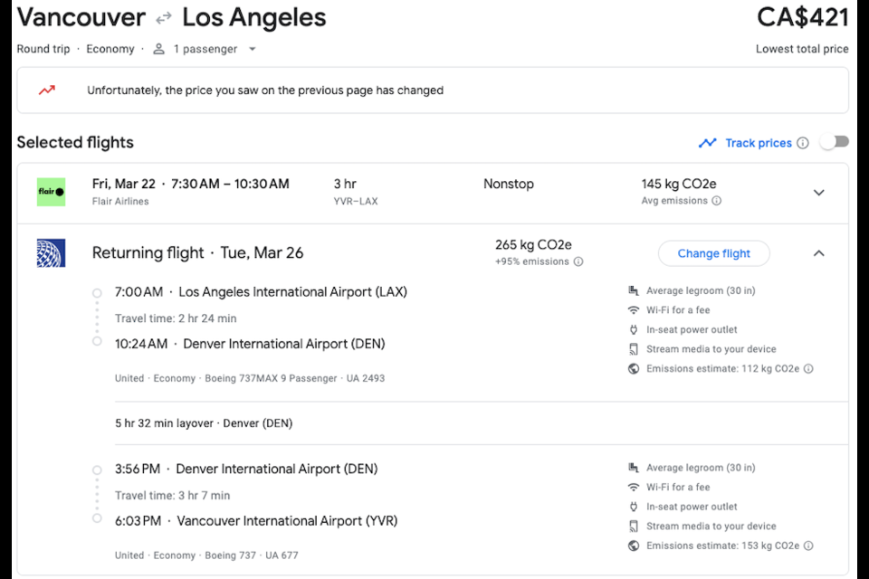 There is a one-stop itinerary with United Airlines that, when paired with the Flair flight, works out to $421 including taxes. Book the flights separately to nab the deal.