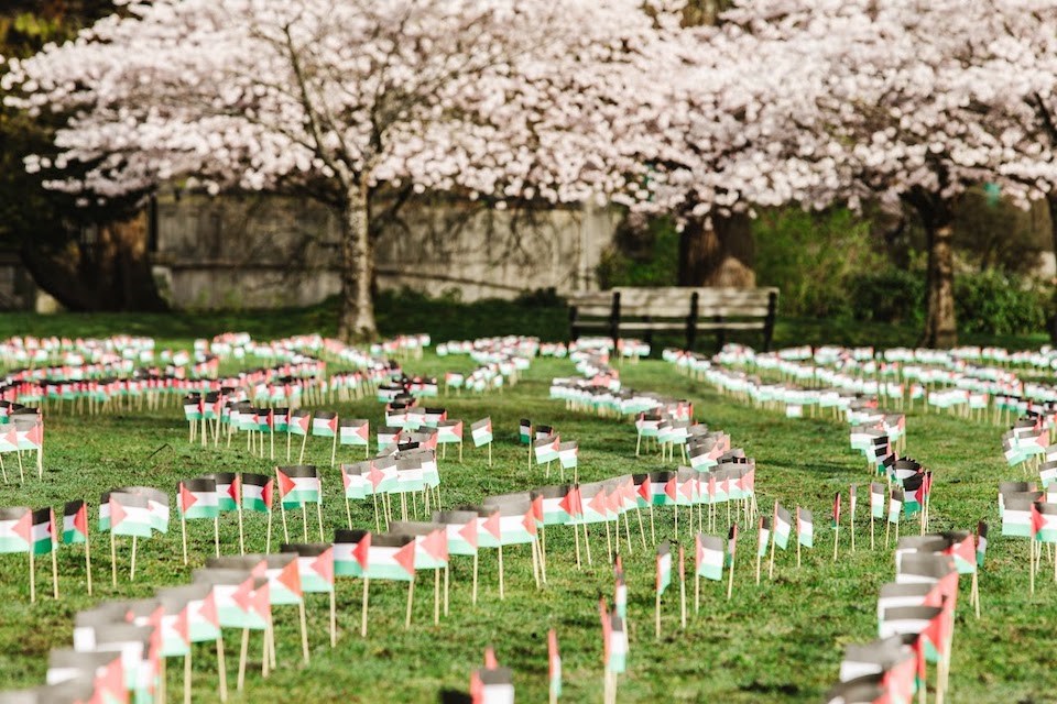 Tiny Palestinian flags were erected in a Vancouver park in the West End to symbolize the number of civilians who have died in Gaza during the war with Israel.