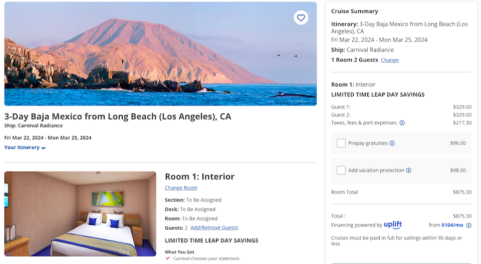 The three-day Baja, Mexico cruise from Long Beach costs US$875.30 for an interior stateroom for two people, which is approximately C$1,188.17 based on the current conversion.