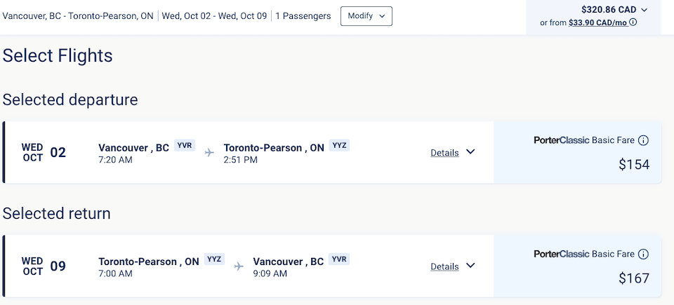 Direct flights from Vancouver to Toronto start at around $320 for return trips including all taxes and fees.