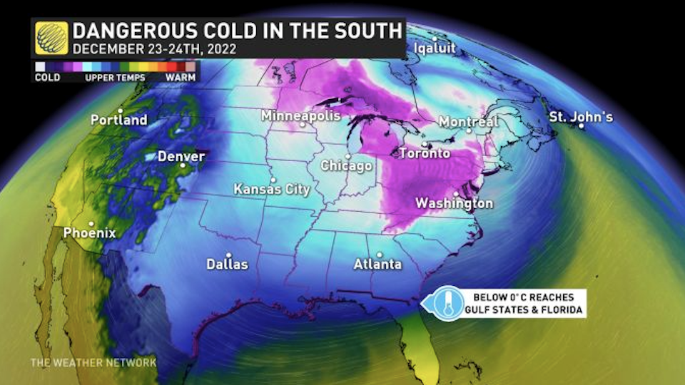 A "historic surge of Arctic air" driving south from the Arctic to the Gulf of Mexico over the next day will "trigger an incredibly strong storm" ahead of the Christmas holidays, according to a recent report from The Weather Network.
