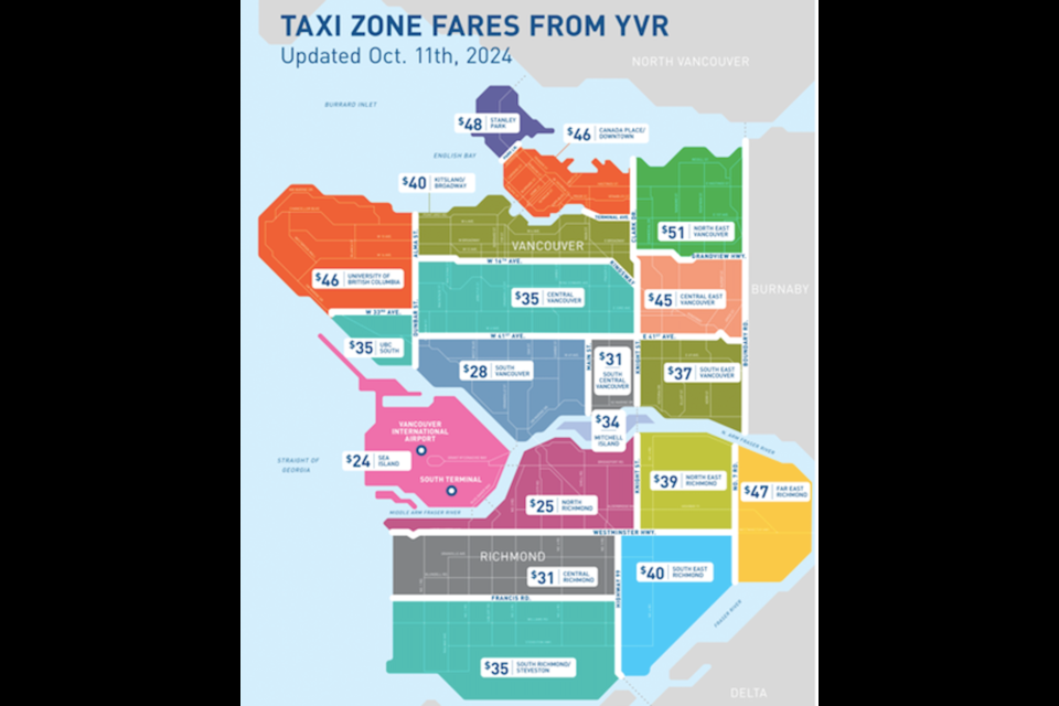 October 2024 taxi prices from Vancouver International Airport (YVR) using Flat Fare Zone Rates.