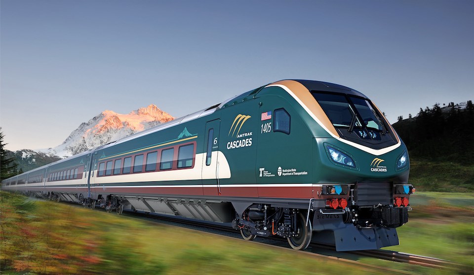 The Amtrak Cascades trains depart from the Vancouver Pacific Central Station and travel down the Pacific Northwest to Bellingham, Seattle, Portland and Eugene.