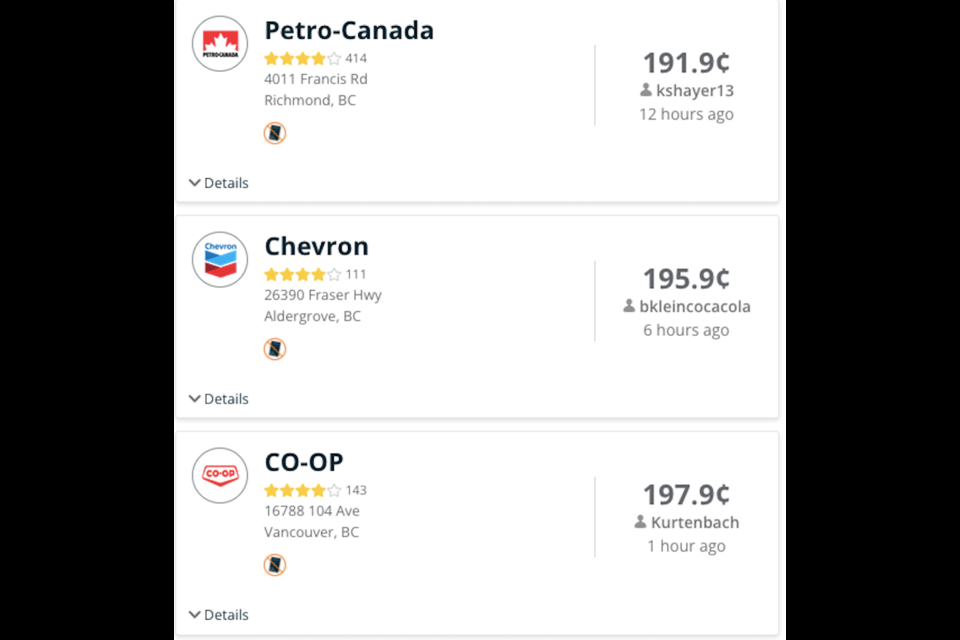 As of Thursday, April 4, the cheapest option in the Lower Mainland is at the Petro Canada in Richmond at 4011 Francis Rd. for 191.11 cents per litre.