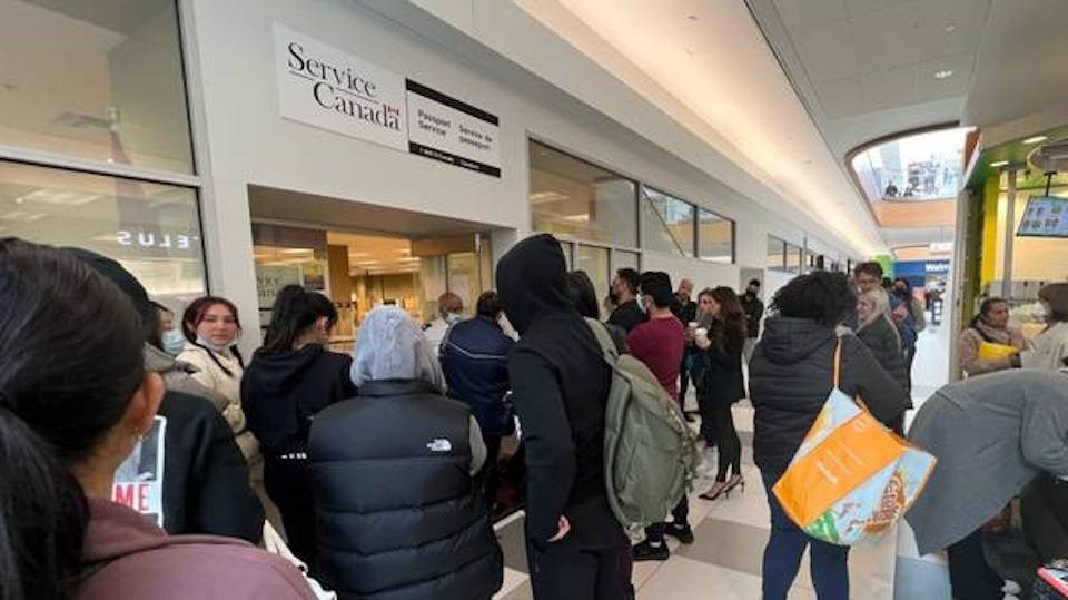 Frustrated residents of British Columbia try to make a Passport Canada appointment at Service Canada offices like Sinclair Centre in May 2022.  