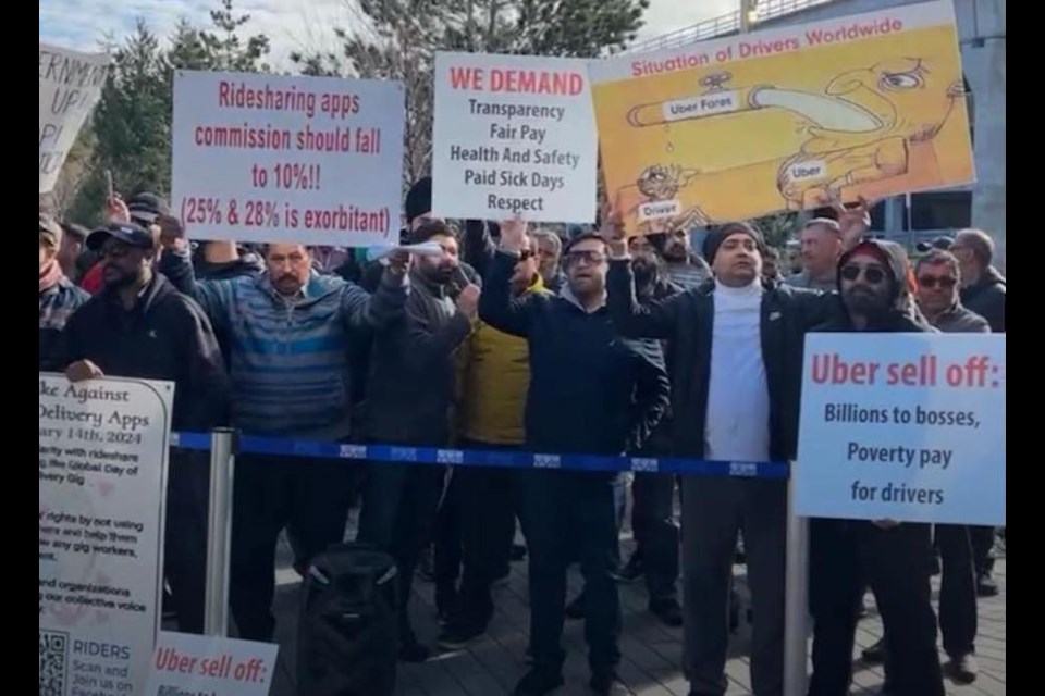 Metro Vancouver Uber and Lyft drivers held a "strike" in line with drivers across the continent on Valentine's Day, Feb. 14, 2024.