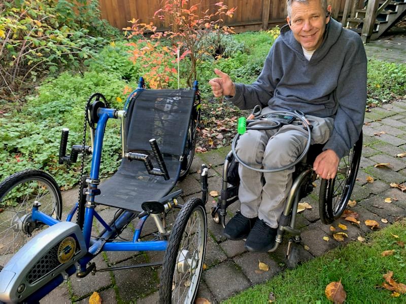 Reddit user neek1997's father poses by his specialized recumbent bicycle that was stolen just the night before.  