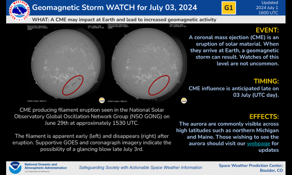 The National Oceanic and Atmospheric Administration (NOAA)'s Space Weather Prediction Center has issued a minor (G1) geomagnetic storm watch for Wednesday, July 3. The storm is expected due to a coronal mass ejection (CME) producing filament eruption observed on June 29.