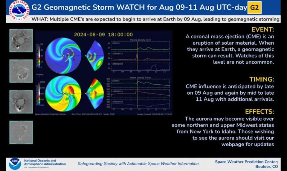 The National Oceanic and Atmospheric Administration (NOAA)'s Space Weather Prediction Center has issued a G2 (moderate) geomagnetic storm watch from Friday, Aug. 9 through Sunday, Aug. 11.