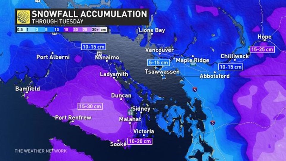 Vancouver weather Map shows snowfall accumulations in BC Vancouver