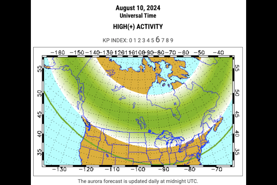 The UAF calls for the aurora to be highly active again on Saturday, with displays visible overhead "from Inuvik, Yellowknife, Rankin, and Iqaluit to Vancouver, Helena, Minneapolis, Milwaukee, Bay City, Toronto, Montpelier, and Charlottetown."