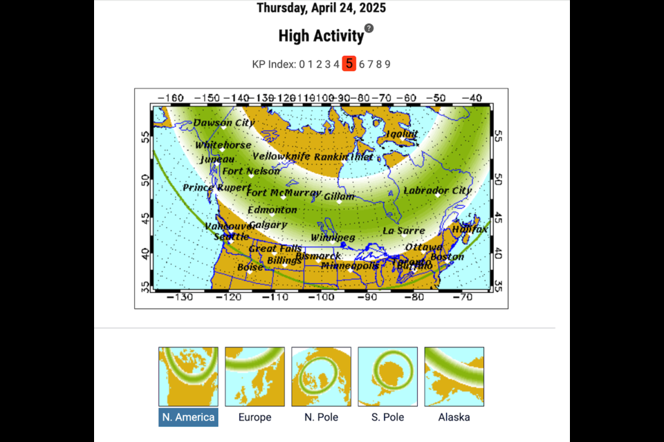 The UAF expects the aurora will be "highly active" with overhead displays possible auroral displays possible from "Inuvik to Iqaluit, Juneau to Edmonton, and Winnipeg to Thunder Bay. 
